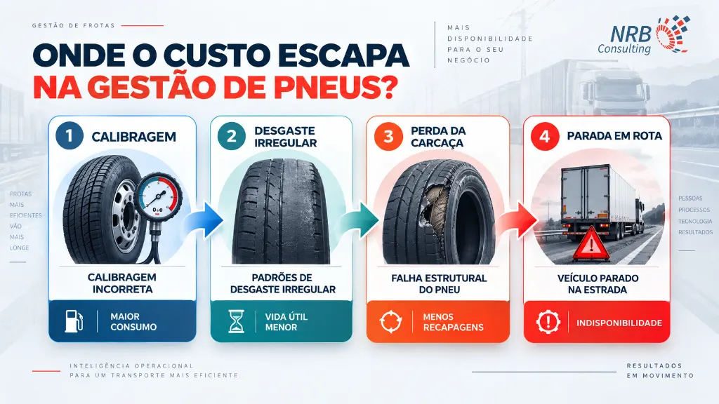 Infográfico sobre gestão de pneus em frotas com quatro etapas: calibração incorreta, desgaste irregular, falha estrutural do pneu e parada em rota, destacando impacto em consumo e indisponibilidade.