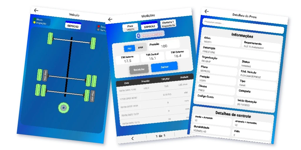 Octave attune na gestão de frotas: interface de painel com visualização de veículos e medições, detalhes de pneus e informações do equipamento.